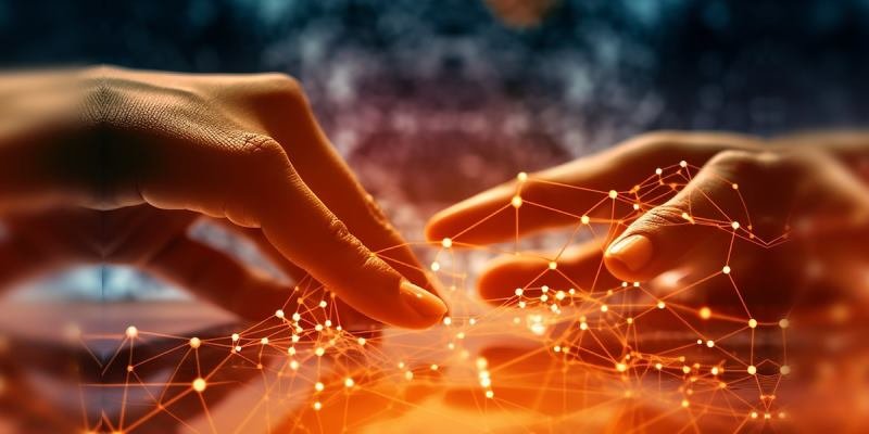 Mano umana e mano digitale connesse da una rete luminosa, simbolo dell'intelligenza artificiale
